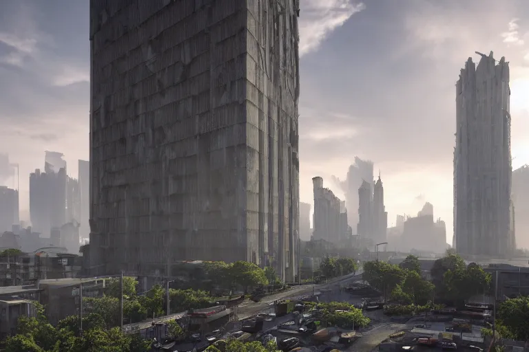 Image similar to streetscape, a towering cathedral of brutalist architecture, buildings covered with greebles, stunning volumetric light, sunset, metal, concrete and translucent material, stunning skies, majestic landscape, trending on Artstation, 8k, photorealistic, hyper detailed, unreal engine 5, IMAX quality, cinematic, epic lighting, in the style of Greg Rutkowski