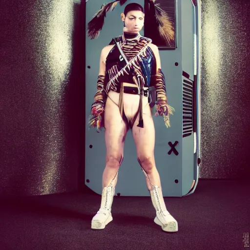 Image similar to portrait of iroquois warrior standing in front of a space ship command center, fashion editorial photography, waist up, low angle