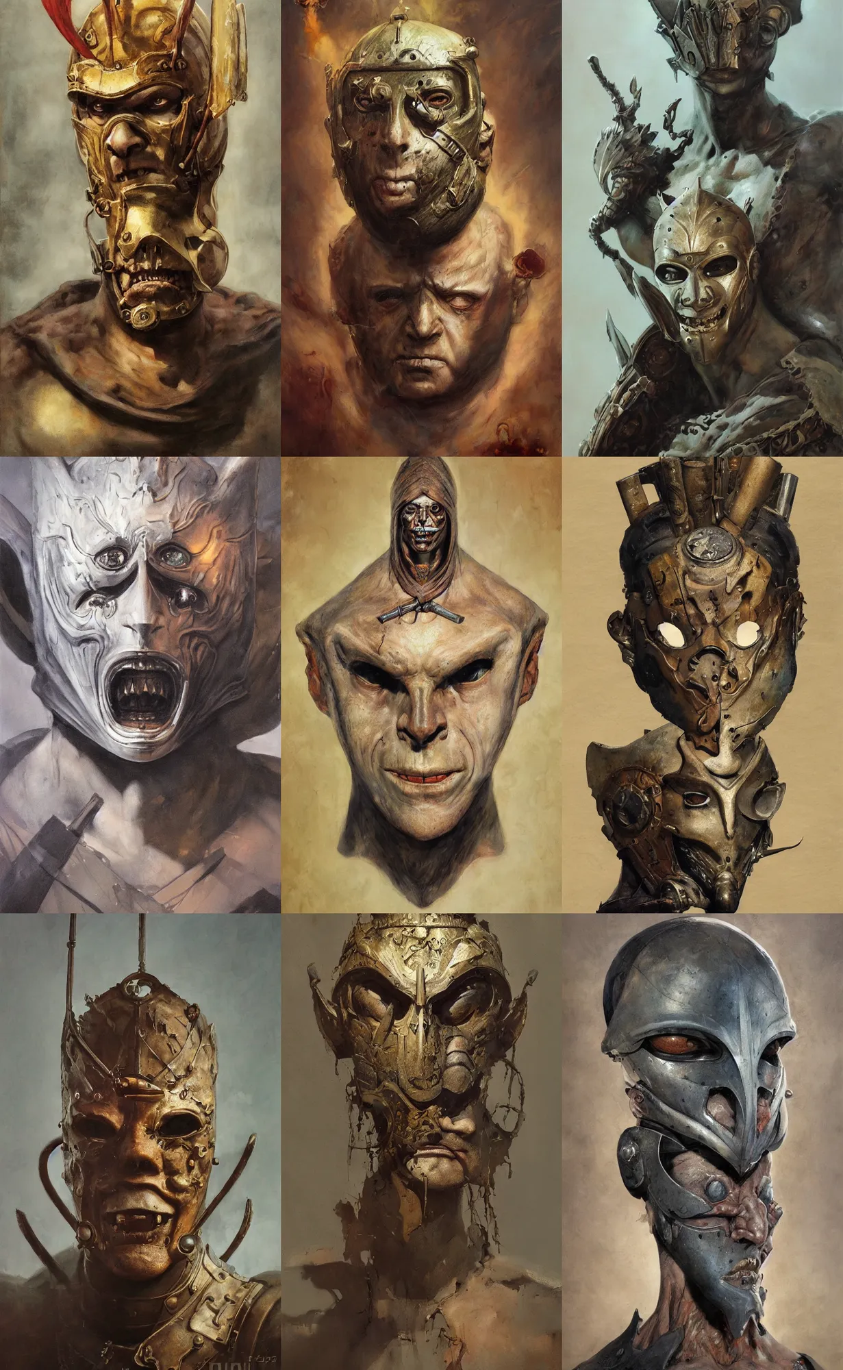 Image similar to A mixed media portrait painting of a man in the mask of damocles, detailed mask, detailed jaw and eyes, by Frank Frazetta, Boris Vallejo, Greg Rutkowski, Beeple, Yoko Taro, Christian MacNevin, epic fantasy character art, roman numerals, high fantasy, CGsociety, full length, exquisite detail, post-processing, masterpiece, cinematic, coliseum backdrop