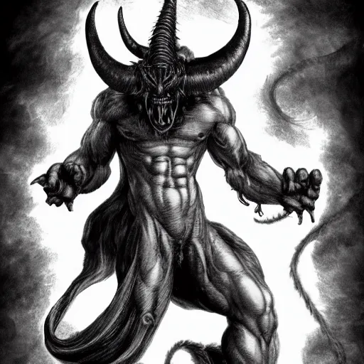 Image similar to full body, grayscale, Gustave Dore, Sorie Kim, muscled humanoid balrog demon, horns, claws, large horned tail, heroic pose, swirling flames