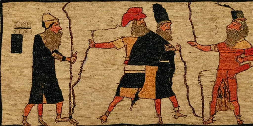 Prompt: two chassidic men arguing with each other in the style of the bayeux tapestry