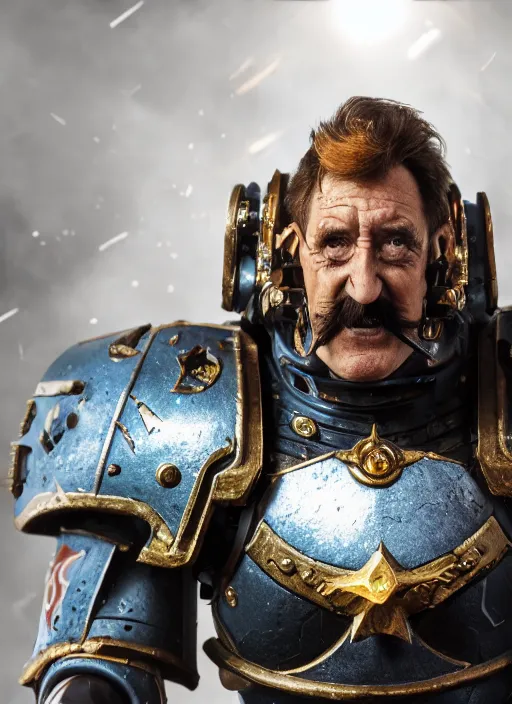 Image similar to Barry Chuckle as a Chaos Space Marine, splash art, movie still, cinematic lighting, dramatic, octane render, long lens, shallow depth of field, bokeh, anamorphic lens flare, 8k, hyper detailed, 35mm film grain
