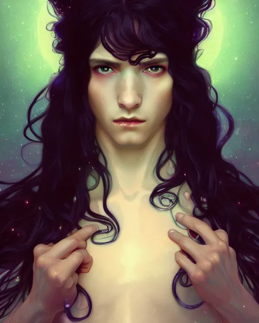 Prompt: 3 / 4 portrait, beautiful male incubus, fuschite and ruby clothes, long black hair, 1 6 k, very detailed, fantasy, stars, city at night, soft glowing lighting, realistic, ornate, vivid artstation, alphonse mucha, lois van baarle, greg rutkowski, terese nielsen, sharp focus