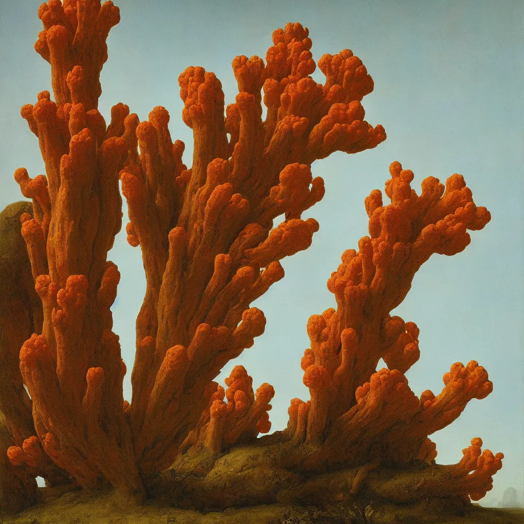 Prompt: a single colorful!! simple! ( coral ) fungus tower clear empty sky, a high contrast!! ultradetailed photorealistic painting by franz sedlacek, jan van eyck, pedro correa, hard lighting, masterpiece, png