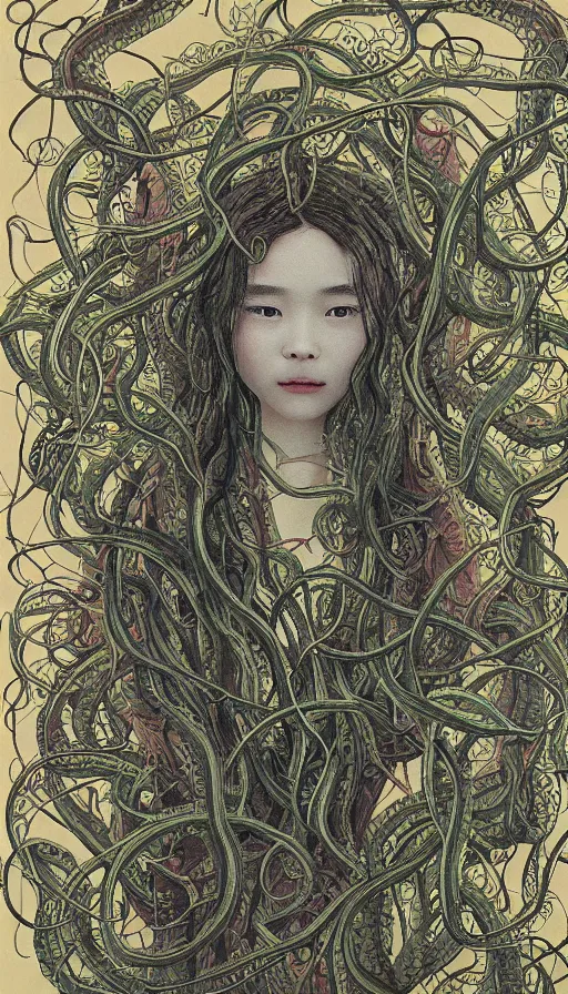 Image similar to very detailed portrait of a 2 0 years old girl surrounded by tentacles, the youg woman visage is blooming from fractal and vines, by zeng fanzhi