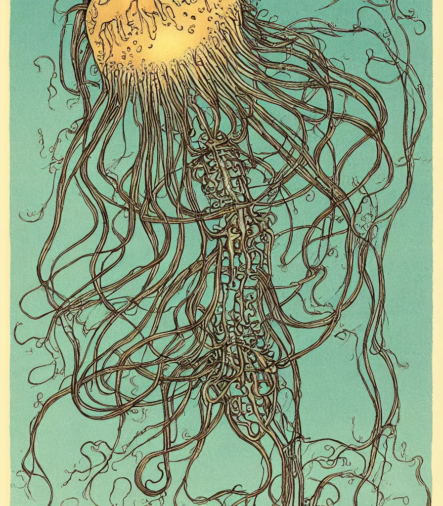 Prompt: brilliant alien jellyfish in the sky color scientific illustration by Ernst Haekel, color illustration with orthographic views