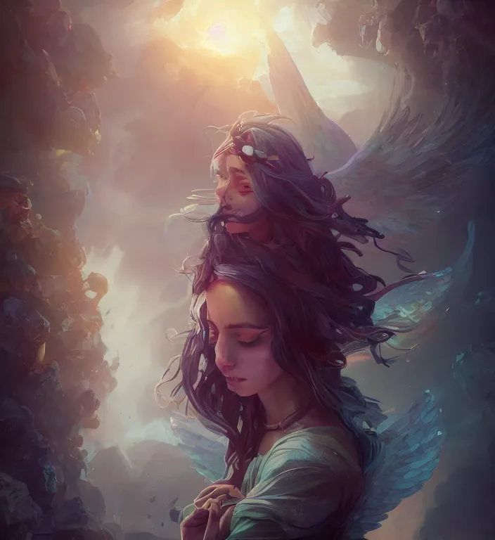 Prompt: centered waist up portrait photography an angel + bokeh + DOF + 8k, photorealistic + rendered in unreal engine + colors and composition by Peter Mohrbacher + line work by Dan Mumford , ultra realistic + backlit