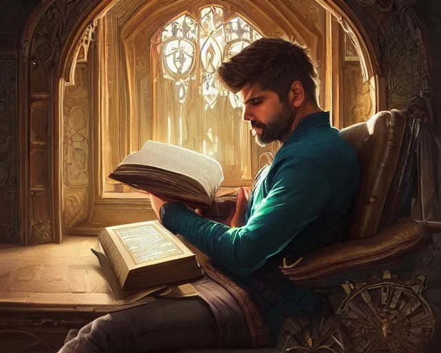 Image similar to gerard pique reading a book, deep focus, d & d, fantasy, intricate, elegant, highly detailed, digital painting, artstation, concept art, matte, sharp focus, illustration, hearthstone, art by artgerm and greg rutkowski and alphonse mucha