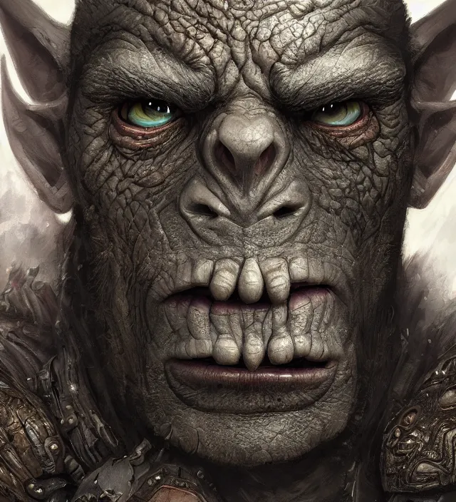 Image similar to portrait of an orc, detailed eyes, fantasy, intricate, highly detailed, digital painting, 4 k, hdr, concept art, smooth, sharp focus, illustration, by wayne reynolds