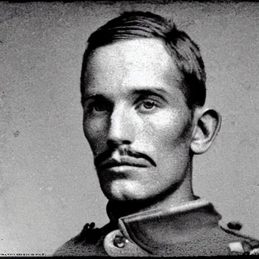 Prompt: A photograph portrait of Jerma985 with a pyramidal mustache as a soldier in the military in the mid-late 1800s, taken in the mid-late 1800s, 1860s, grainy, taken on a Field View Camera, realistic, hyperrealistic, very realistic, highly detailed, very detailed, extremely detailed, detailed, digital art, trending on artstation