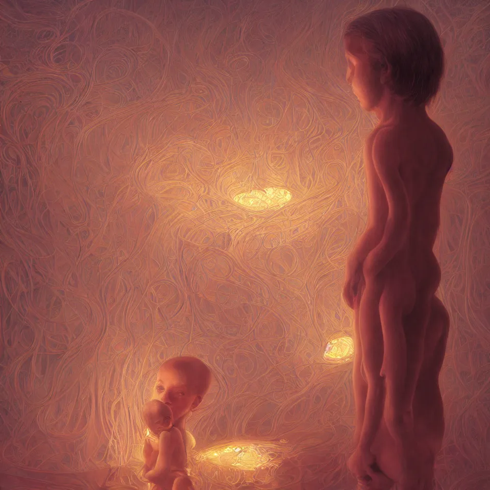 Prompt: a child surrounded by mirror, intricate, elegant, glowing lights, highly detailed, digital painting, artstation, concept art, smooth, sharp focus, illustration, zdzisław beksinski, 8 k, very high resolution, processing, extremely hyperdetailed