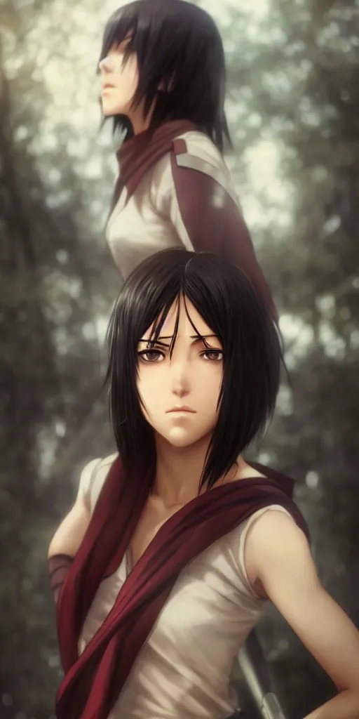 Image similar to mikasa ackerman, hero pose, medium shot, bokeh, beautiful face!!!!, 2 7 years old, cg animation, lifelike, animated, realistic, character select portrait, by artgerm, greg rutkowski, alphonse mucha, 3 d