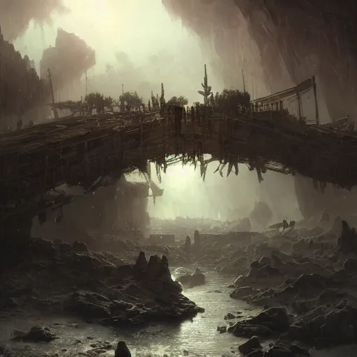 Prompt: a rickety bridge over a dark chasm with flying piles of bones, matte painting, fantasy art, by greg rutkowski, by andreas achenbach,