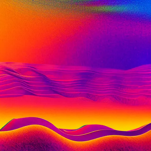 Image similar to psychedelic landscape, sound waves, subtle colors, ultra realistic, sharp image, 8 k, golden hour