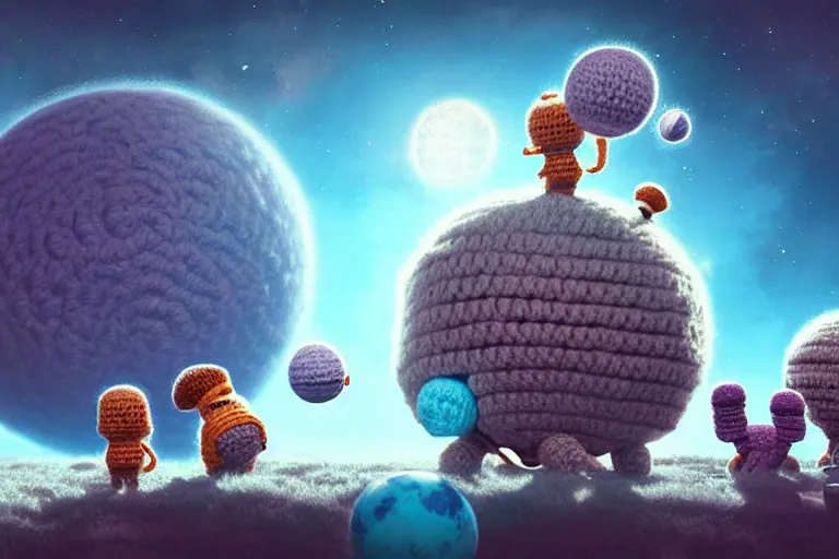 Image similar to an expedition of crochet astronauts discovering a new fluffy planet made out of yarn. cute, illustration, digital art, inspired by little big planet, by greg rutkowski, detailed, sharp, masterpiece, highly detailed, photorealistic, octane render, 8 k, unreal engine 5, trending on artstation