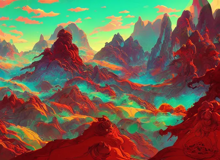 Image similar to psychedelic art of a landscape made of dragons, detailed, cel shaded, by makoto shinkai and moebius and anton fadeev and james gurney