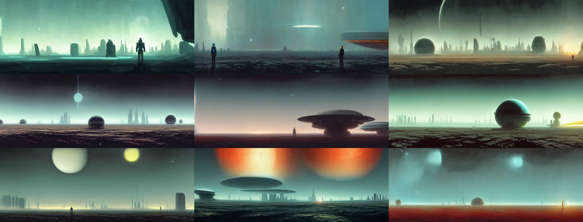 Image similar to a gorgeous bleak and desolate sci - fi painting by john harris, sparth and greg rutkowski. tiffany blue, grey orange, white and golden. space base, beyond the horizon, future city skyline!! light effect. huge saturn. ultra clear detailed. 3 d, octane render. 8 k