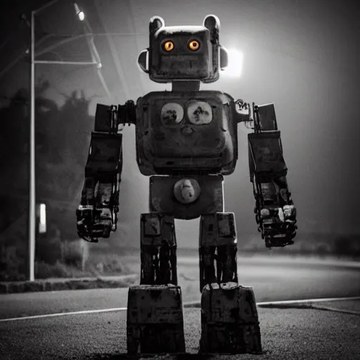 Image similar to giant robot at night with eyes smiling, grainy, vintage, stark light, dramatic lighting, evil smile, countryside at night, trash on the ground, night sky, scary, evil