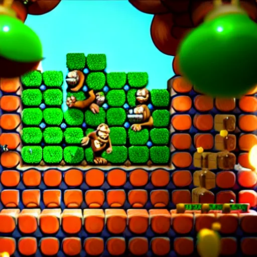 Image similar to Donkey Kong in a beautiful mine with shiny crystals on the wall and floating barrels. Unreal engine.