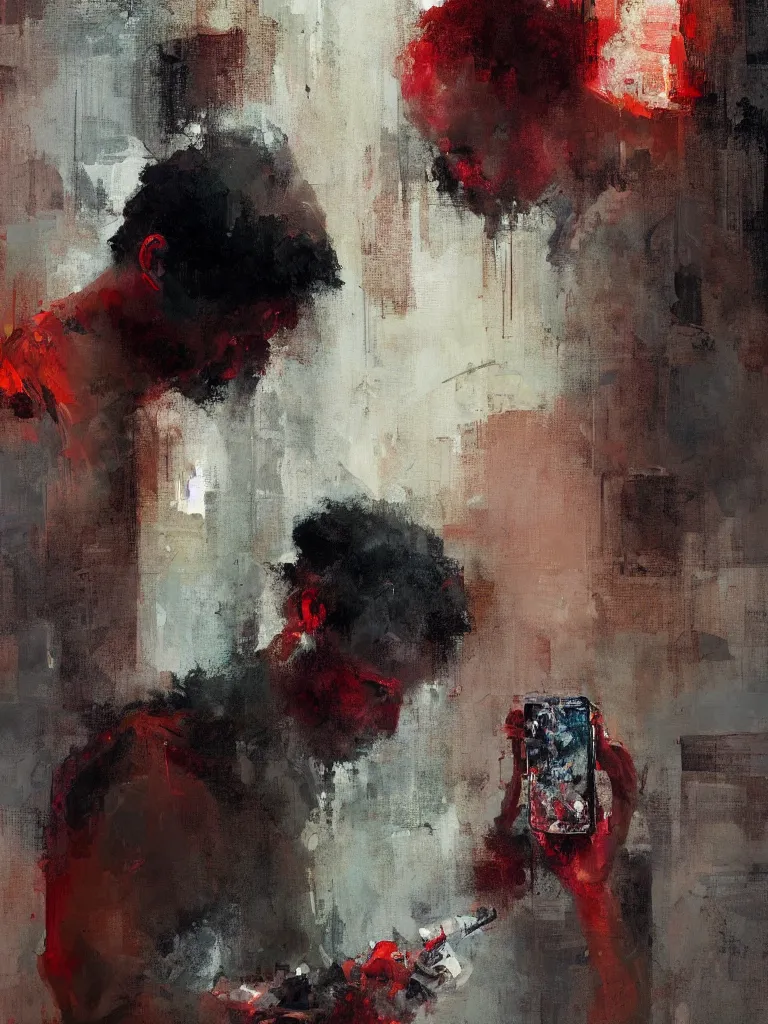 Prompt: a beautiful glitched oil painting by alpay efe and christian hook of a man looking at his phone in a bathroom, color bleeding, brushstrokes by jeremy mann, cold top lighting