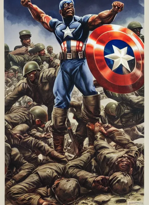 Image similar to black captain america standing on a pile of defeated german soldiers. black captain america wins wwii. american wwii propaganda poster by james gurney