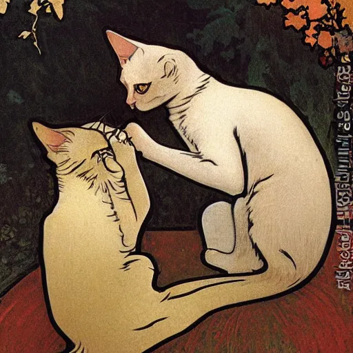 Image similar to Two cats playing with each other by mucha