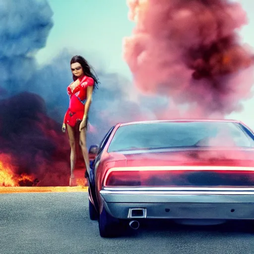 Prompt: movie still from the movie spring breakers (2012), rendering of a woman standing on top of a car holding a fire extinguisher, uhd, 8k, cinematic,
