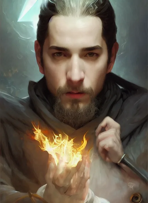 Image similar to character concept portrait of an attractive young focused Spanish wizard with pale skin enchanting a flaming love spell, a floating iridescent spell book in the center, intricate, elegant, digital painting, concept art, smooth, sharp focus, illustration, from Metal Gear, by Ruan Jia and Mandy Jurgens and William-Adolphe Bouguereau, Artgerm