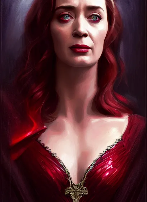 Image similar to portrait of emily blunt as scarlet witch, jewelry, greek, ruby, victorian age, 1 8 9 0, intricate, headshot, key visual, conceptart, ambient lighting, highly detailed, digital painting, artstation, concept art, sharp focus, by makoto shinkai and akihiko yoshida and greg manchess