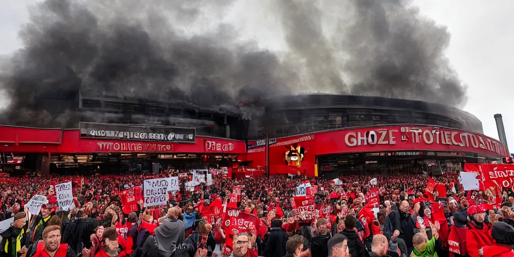 Prompt: old trafford theatre of dreams on fire during protest against the glazers, # glazersout, chaos, protest, banners, placards, burning, pure evil, 8 k, by stephen king, wide angle lens, 1 6 - 3 5 mm, symmetry, cinematic lighting