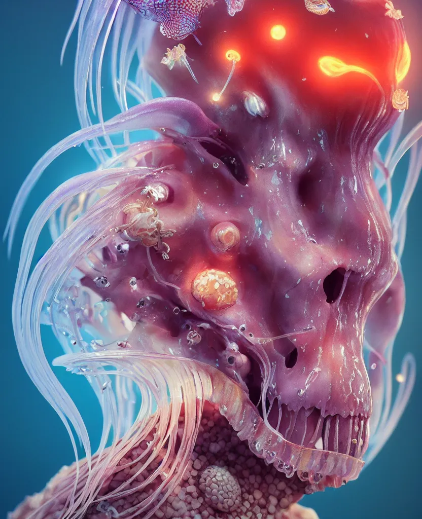 Image similar to goddess close-up portrait animal skull. jellyfish phoenix head, nautilus, orchid, skull, betta fish, bioluminiscent creatures, intricate artwork by Tooth Wu and wlop and beeple. octane render, trending on artstation, greg rutkowski very coherent symmetrical artwork. cinematic, hyper realism, high detail, octane render, 8k