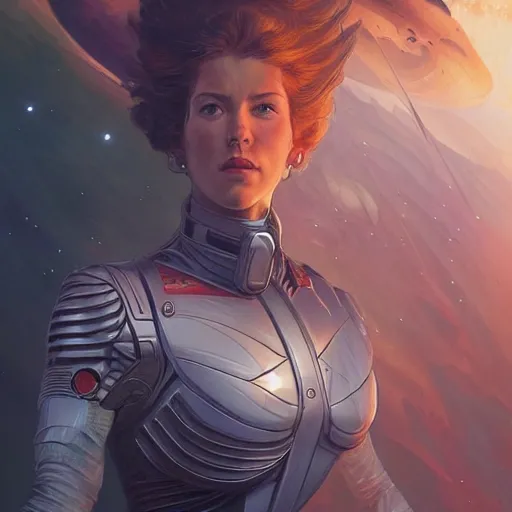 Image similar to portrait of a female space captain standing next to her spaceship, D&D, fantasy, elegant, ethereal, muscular, highly detailed, digital painting, artstation, concept art, painterly, sharp focus, illustration, art by artgerm and greg rutkowski and alphonse mucha