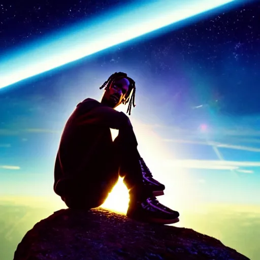 Image similar to Travis Scott sitting over Earth, 4k, Aubrey Powell, vintage photo, lens flare, beautiful cinematography, surreal, film grain