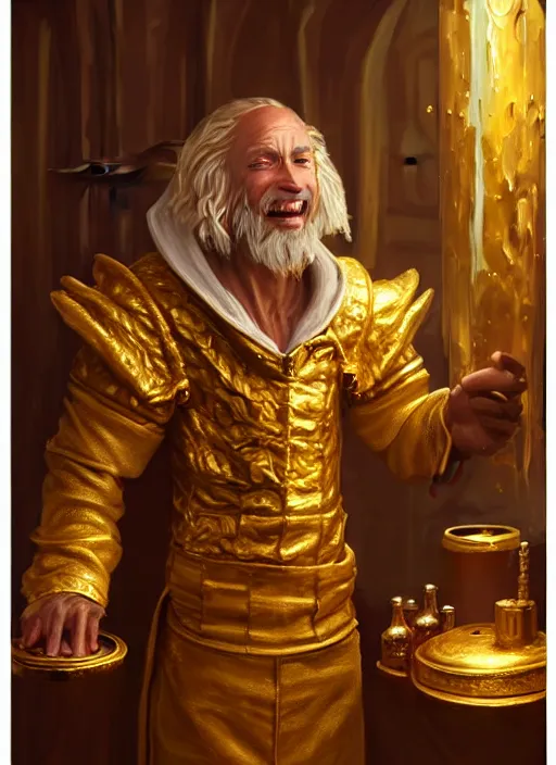 Image similar to a _ fantasy _ style _ portrait _ painting _ of a humanoid gold kobold male in wizard robes selling wares in his shop, oil _ painting _ unreal _ 5 _ daz. _ rpg _ portrait _ extremely _ detailed _ artgerm _ greg _ rutkowski _ greg