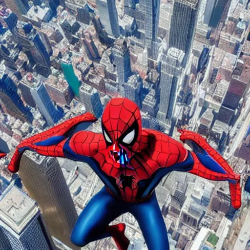 Image similar to marvel spider - man arms out from back standing on top of the empire state building