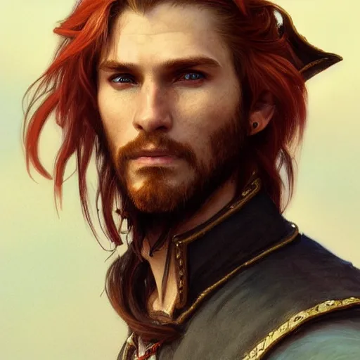 Prompt: portrait of a young pirate, 30 years old, male, rugged, masculine, handsome, upper body, red hair, long hair, D&D, fantasy, intricate, elegant, highly detailed, cinematic lighting, digital painting, artstation, concept art, cutscene, sharp focus, illustration, art by Artgerm and Greg Rutkowski and Alphonse Mucha