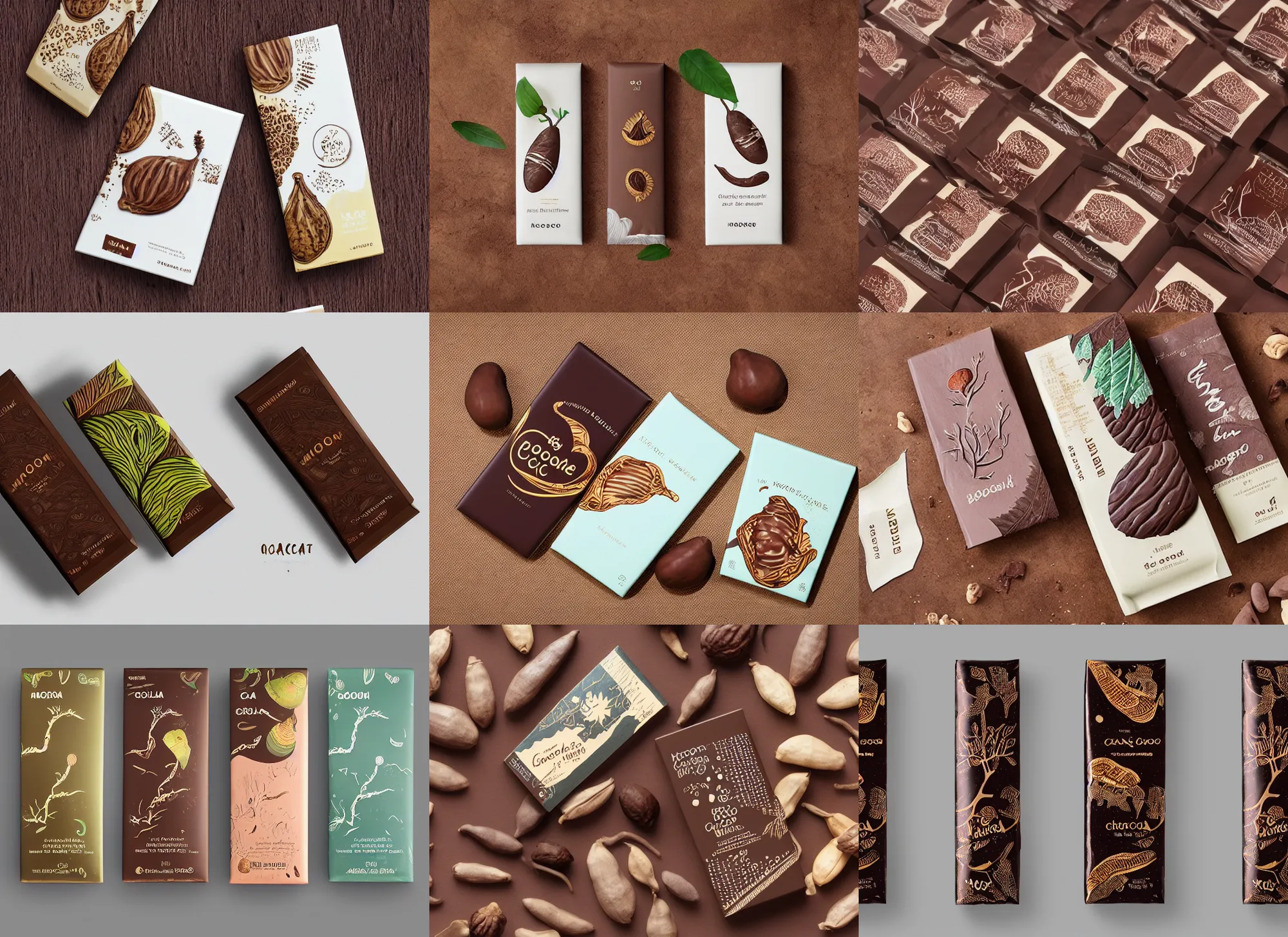 Prompt: conceptual chocolate bar packaging, design has a theme inspired by moonlit socotra island, cacao pods growing on dragon trees, label design, behance, packaging of the world, award, front label, packaging design, craft