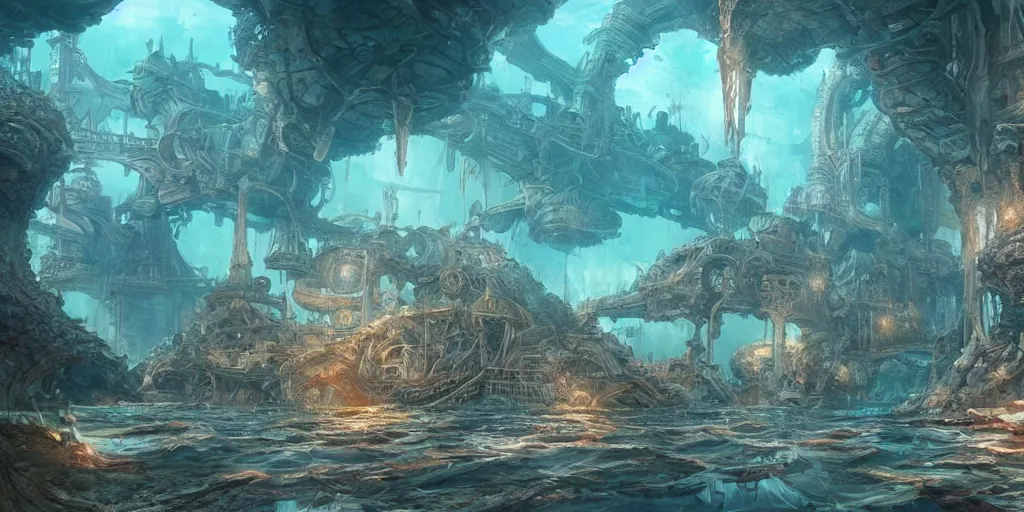 Image similar to masterpiece artwork of a underwater city inside of aquarium, hyper detailed, art, trending in artstation, behance, deviantart, art style by kim jung gi and greg rutkowski