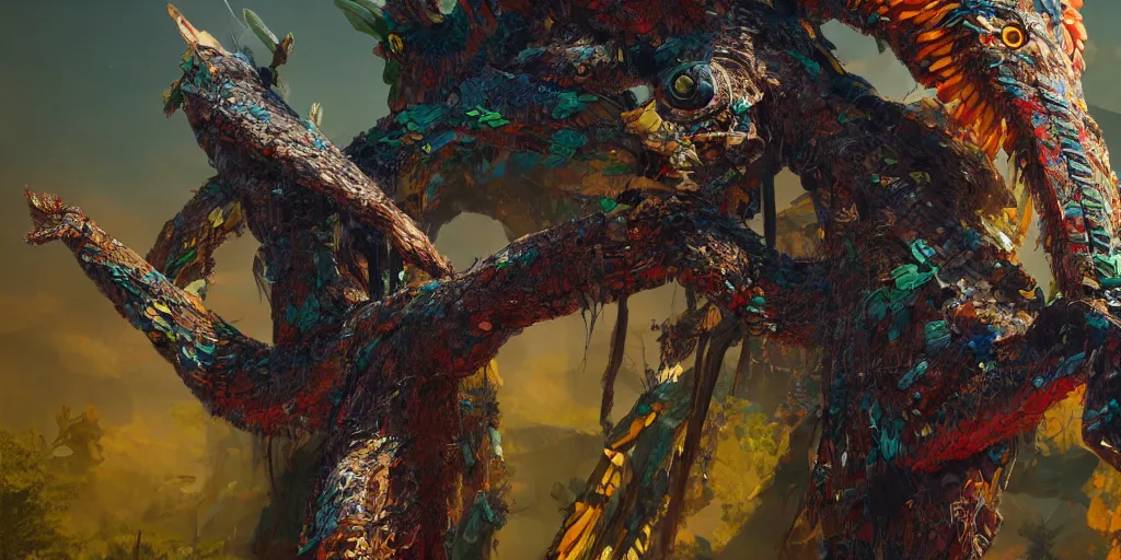 Image similar to detailed full body concept art illustration, oil painting on canvas of a quetzalcoatl, biomutant, dystopian, micro detail, octane render, 4K