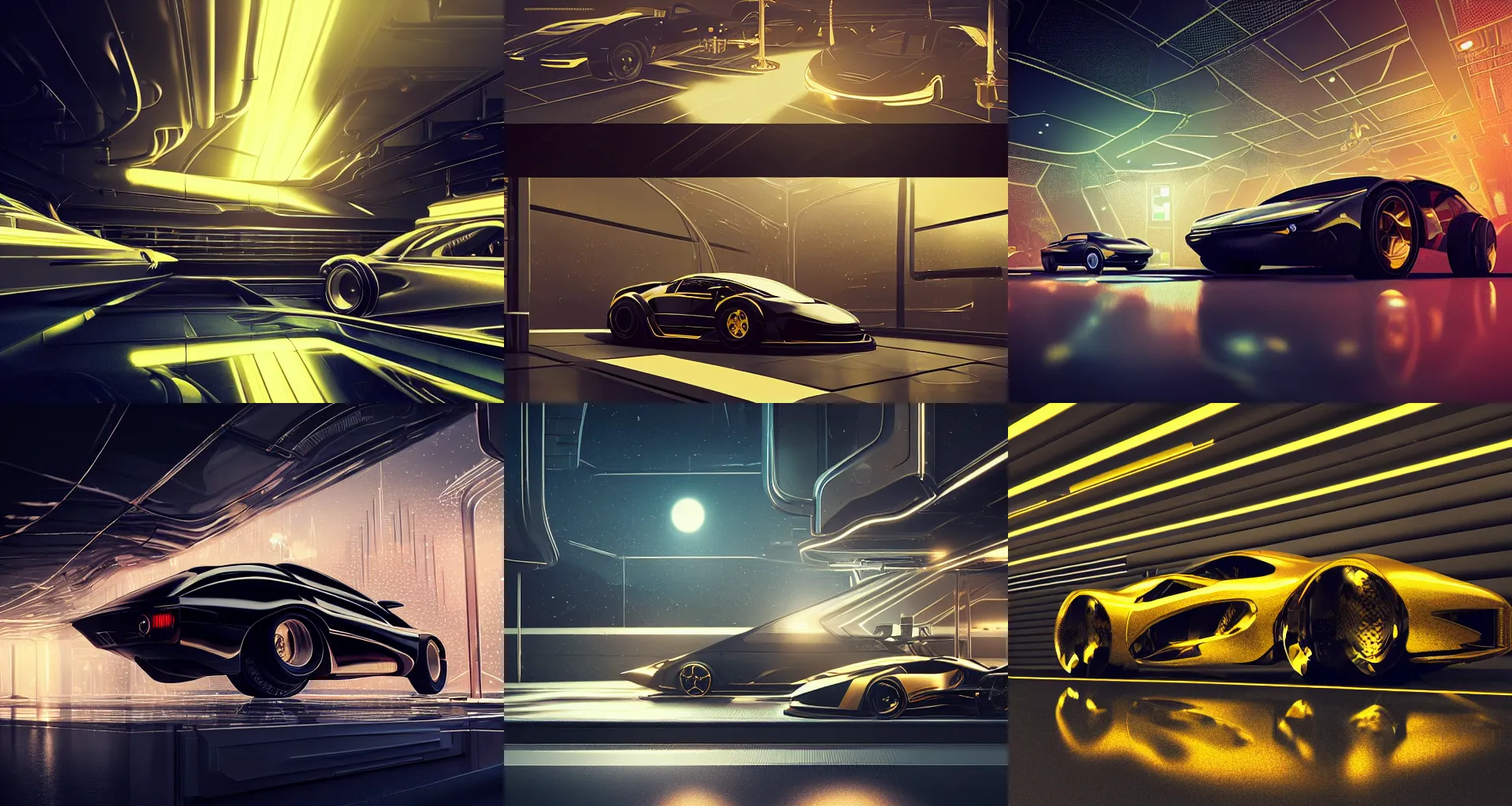 Prompt: black gold futuristic car garage, intricate details, gilding, cinematic, epic, artstation, sylvain sarrailh, photorealism, bokeh