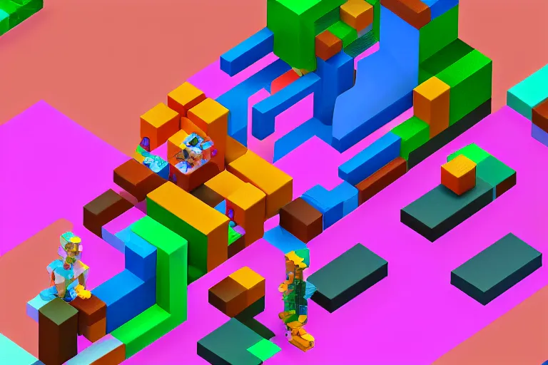 Prompt: a 3d voxel character crawling out of 2d pixels on a tv screen, colorful living room