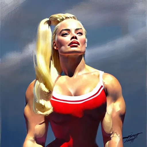 Image similar to greg manchess portrait of margot robbie as thick very muscular weightlifter with twintails and blondehair, eyes closed, medium shot, asymmetrical, profile picture, organic painting, sunny day, matte painting, bold shapes, hard edges, street art, trending on artstation, by huang guangjian and gil elvgren and sachin teng