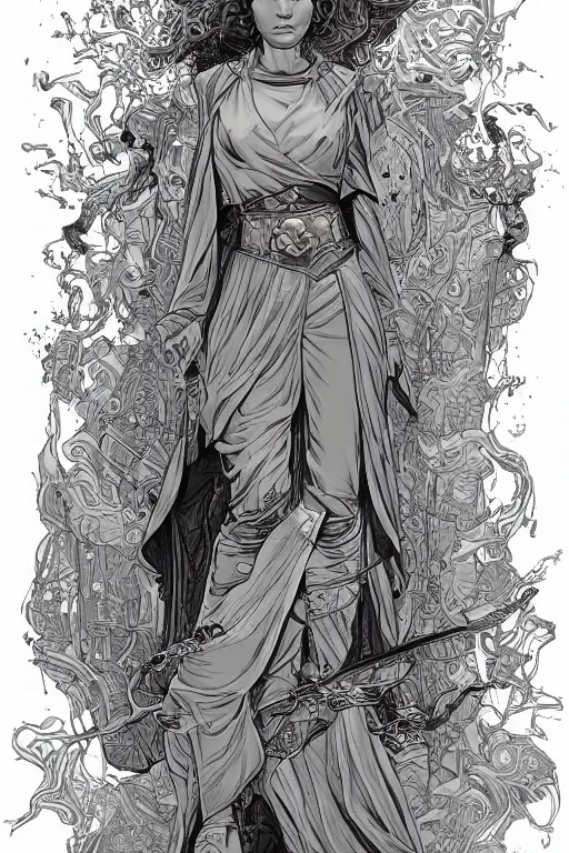 Image similar to ethereal gold and silver tones, jedi warrior princess, full body, style of moebius, james jean, mcbess!!!!!, cinematic, highly detailed, award winning, 8 k photorealistic