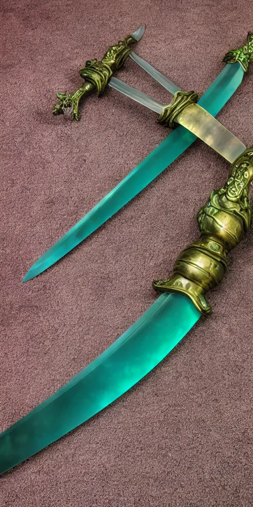 Image similar to photograph of a wide green and teal crystal sword blade attached to a big gold sword hilt