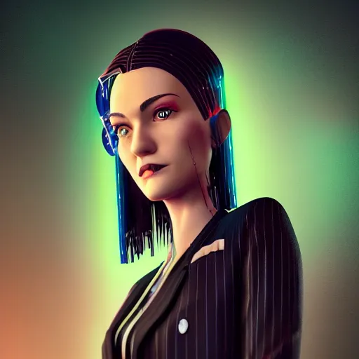 Image similar to cinematic cartoon women portrait made out of rain, pinstripe suit, short hair, cyberpunk background, rendered in octane, unreal engine, highly detailed, trending on artstation, realistic, splashes of neon, beautiful