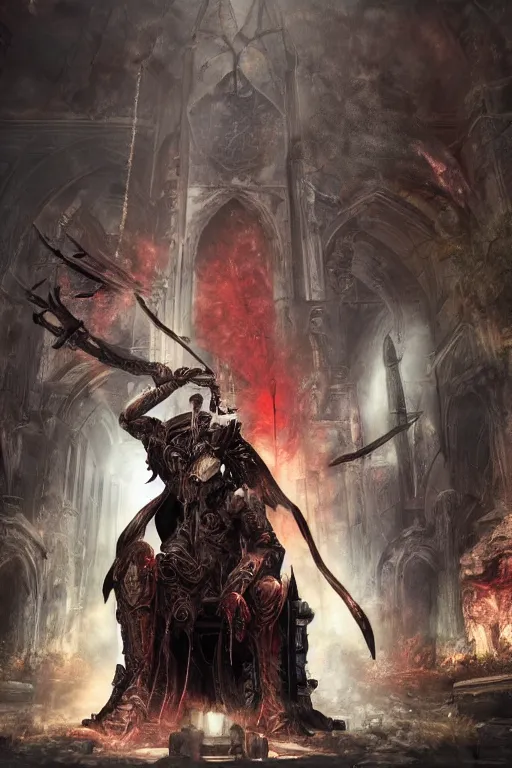 Image similar to Path of Exile, Sirius, bronze face, red eyes, male image with bronze black armor, sitting on the throne, inside the ruined gothic church, black shadows, dark red bloody fog fly around, [[blood]], Anachronism, painting, dark fantasy, steampunk, 4k, perfect quality,