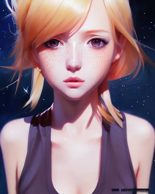 Image similar to portrait Anime freckled blonde space cadet girl Anna Lee anime cute-fine-face, pretty face, realistic shaded Perfect face, fine details. Anime. realistic shaded lighting by Ilya Kuvshinov Giuseppe Dangelico Pino and Michael Garmash and Rob Rey, IAMAG premiere, aaaa achievement collection, elegant freckles, fabulous