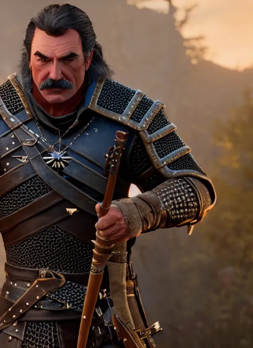Image similar to film still of tom selleck as geralt of rivia in the witcher 3, gameplay, 8 k, hd