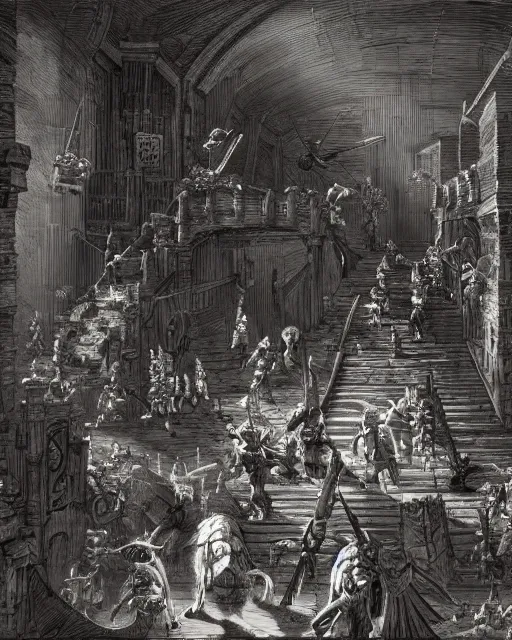 Prompt: a party of adventurers in an endless dungeon by Piranesi