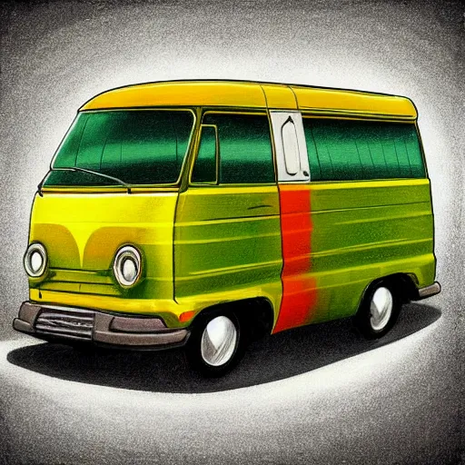 Image similar to retro painting illustration of a volswagen van, 2 d, pastel color, green, yellow, red, retro style art, trendy on artstation